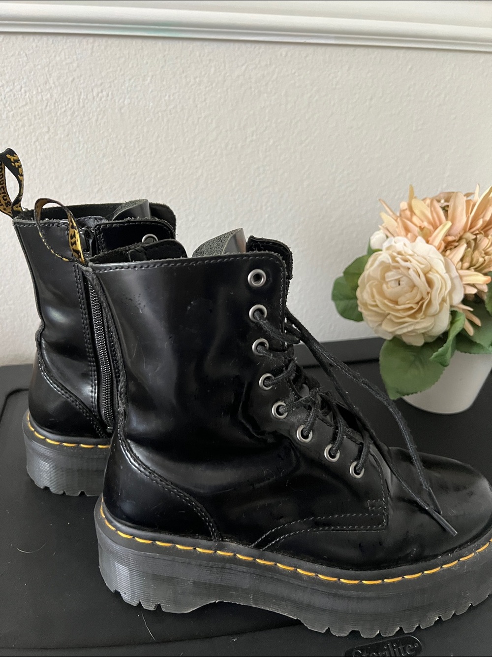 Dr. Martens Black Patent Leather Platform Moto Boots with Yellow Stitching